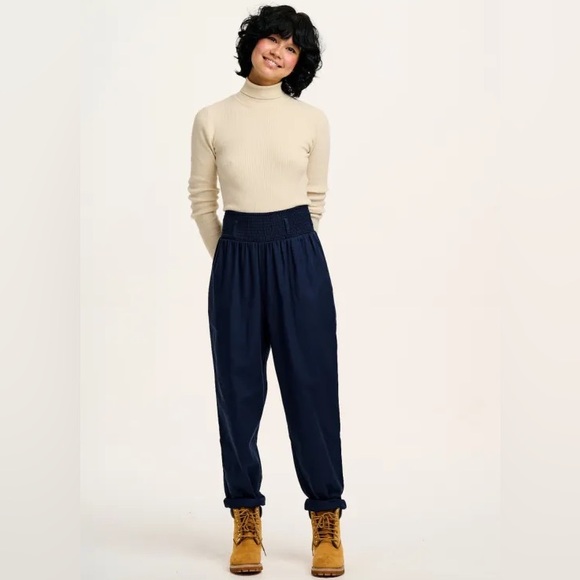 Lucy & Yak Pants - Lucy & Yak Alexa Dark Navy High Waist Smocked Pleated Trouser Pants